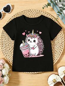 Soft, Casual Short-Sleeved, Round-Neck T-Shirt For Girls With A Hedgehog Print, Ideal For Spring And Summer. White - Black - View 3