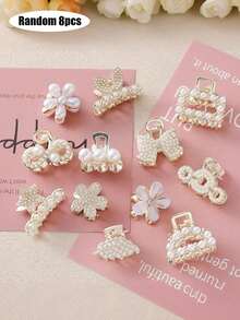 8 piezas/Set Pinzas de pelo elegantes con perlas para mujer, horquillas pequeñas de metal exquisitas, estilos mezclados al azar, regalo de decoración diaria - Blanco - Ver 1
