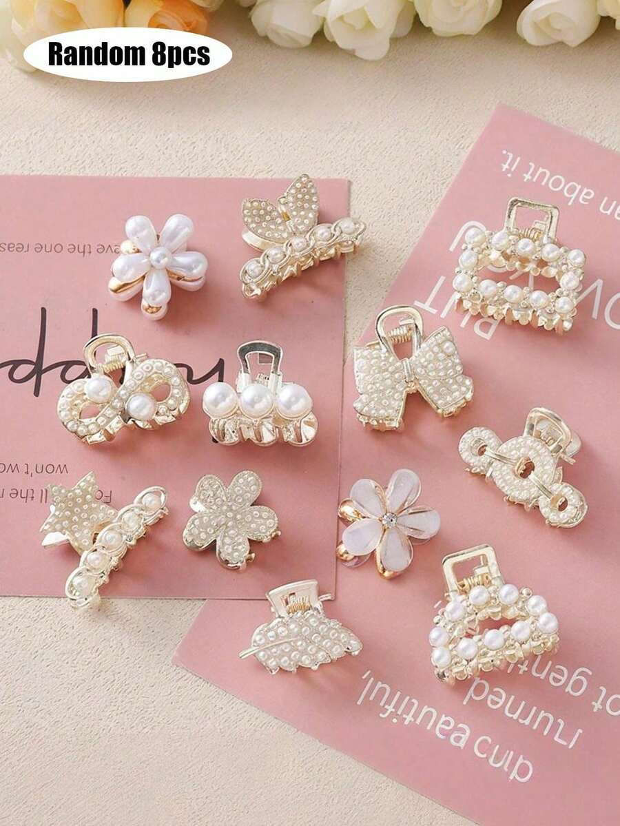 8 piezas/Set Pinzas de pelo elegantes con perlas para mujer, horquillas pequeñas de metal exquisitas, estilos mezclados al azar, regalo de decoración diaria - Blanco - Ver 1