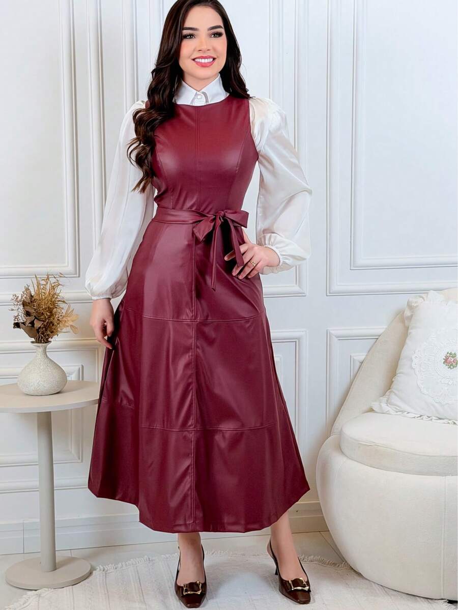 Midi Dress With A Flared, Fitted Waist In Faux Leather. Modest And Elegant Fashion. Conservative/Modest. Suitable For Parties, Casual Wear, Boho, Formal And Evening Wear, Office, Everyday Wear, Autumn/Winter. - 葡萄酒 - 查看 1