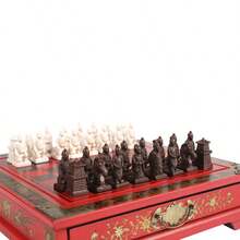Easytoday 26*26厘米/10.24*10.24英寸 手工仿古兵马俑国际象棋套装，复古木制桌面国际象棋游戏，各种节日娱乐礼品 - 紅木色 - 查看 12
