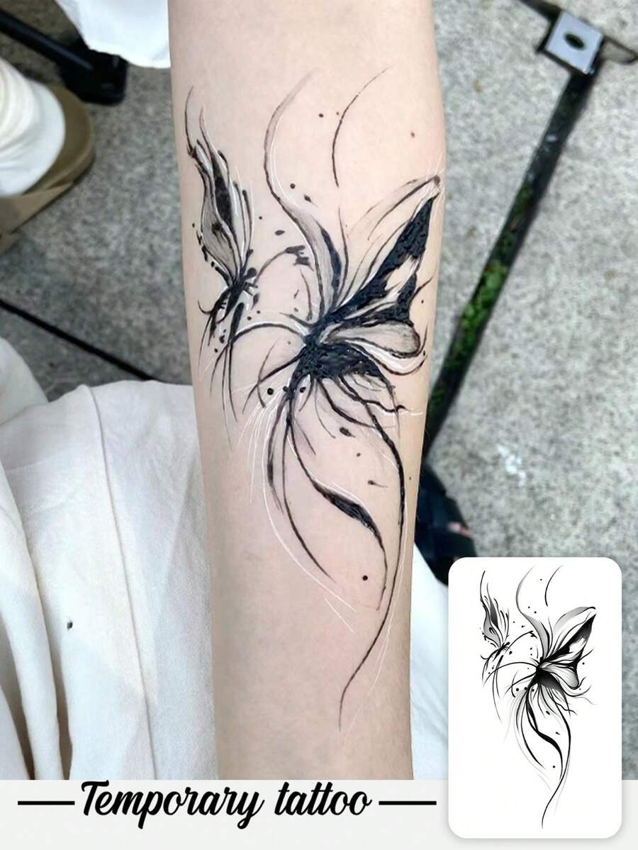 1款草本紋身貼紙,墨流雙蝴蝶垂直深色個性化紋身圖案,臨時紋身貼紙,可水洗PVC,一次性,防水防汗,適用於手掌、手臂、腰部、腹部、背部、腿部,無反光,逼真紋身設計,適合旅行、音樂節、遊戲、畢業禮物、日常使用,可維持7-14天 - 黑色 - 查看 1