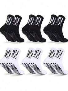 1/3/6 Pairs Men's Thick Short Football Socks, Non-Slip Couple Style Mid-Calf Sports Socks, Durable - Black and White - View 1