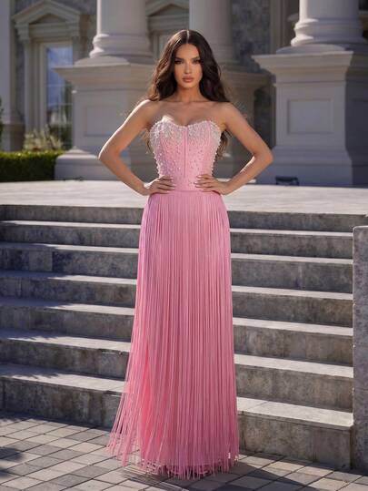 New Elegant Strapless Pink Evening Dress, Featuring Fitted Bodice With Pearl Accents And Fringed Skirt, Formal Occasion Gown