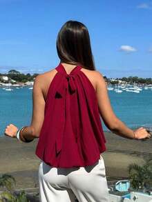 Elegant Sleeveless Solid-Color Blouse With A High Neck And Cropped Length, Versatile For Summer, Beach, Vacation, Bohemian Style, Tropical, Valentine's Day, Back To School For Women - 玫紅色 - 查看 2
