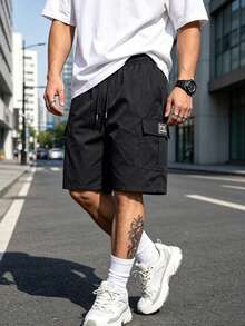 [High Street] Minimalist Multi-Pocket Solid Color Functional Cargo Shorts, Straight Leg Casual Shorts With Adjustable Drawstring Waist Sports - Black - View 4