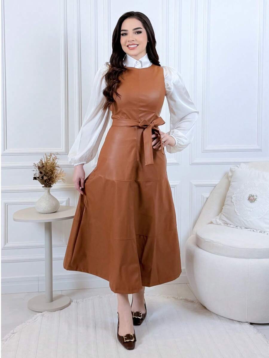 Midi Dress With A Flared, Fitted Waist In Faux Leather. Modest And Elegant Fashion. Conservative/Modest. Suitable For Parties, Casual Wear, Boho, Formal And Evening Wear, Office, Everyday Wear, Autumn/Winter. - 駝色 - 查看 1