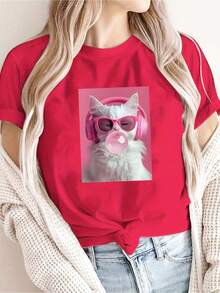 Cute Summer T-Shirt For Women With Cat Print: A Cat With Pink Headphones And Fashionable Glasses, Blowing Bubbles, With Letter Print, Round Neck T-Shirt - [紅色的] - 查看 6