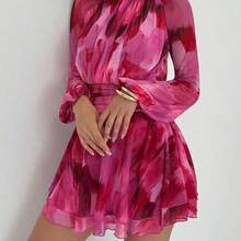 Vestido de manga larga ajustado con silueta de paraguas para mujer, nuevo para otoño/invierno, para uso casual/citas/salidas/maestras, vestido romántico con estampado de teñido anudado en púrpura y cuello alto con lazo en la cintura - Burdeos - Ver 8