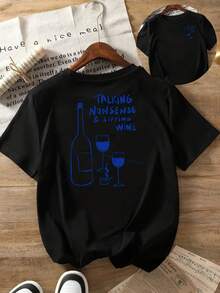 Camiseta de manga corta con estampado frontal y trasero, "TALKING NONENSE & SIPPING WINE", estampado de vino, esencial para el verano, camiseta casual de manga corta para mujer, para uso diario y de ocio, ajuste cómodo, diseño clásico, camiseta para mujer. - Negro - Ver 1