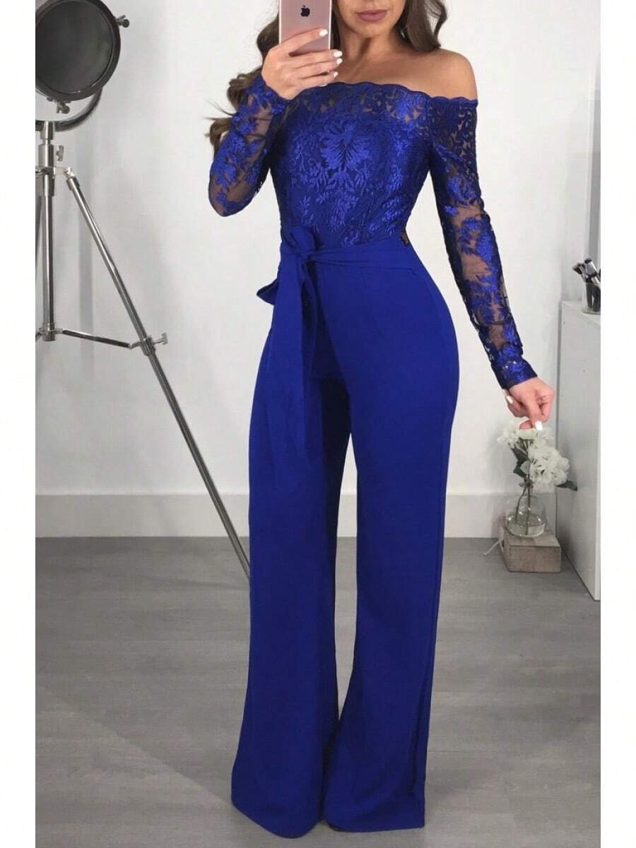 SJ3227 Women's Casual Water-Soluble Lace Off-Shoulder Wide-Leg Jumpsuit 7 Colors - 藍色 - 查看 1