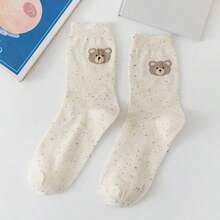 5 Pairs Bow Tie Socks For Women, Solid Color Cute Cartoon Bear Mid-Calf Socks, Autumn/Winter - Multicolor - View 9