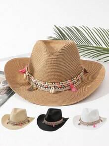 1 Summer And Spring Retro Hollow Rolled-Brim Wide-Brimmed Straw Hat For Men And Women Outdoor Travel Vacation Beach Hat Handmade Woven Sun Protection Breathable Western Cowboy Hat Panama Straw Hat Women's Country Hat Suitable For Outdoor Activities, Beach Essentials Suitable For All Seasons Holiday Gift Mother's Day Gift For Mom, Valentine's Day, Suitable For Vacation, Photography, Gift For Women - Multicolor - View 1