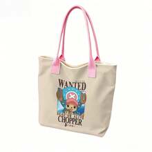 Miniso One Piece Tony Tony Chopper "Wanted Dead Or Alive Chopper" Print Canvas Tote Bag, Beige Shoulder Bag For Daily Use - White - View 3