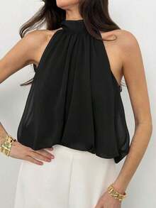 Elegant Sleeveless Solid-Color Blouse With A High Neck And Cropped Length, Versatile For Summer, Beach, Vacation, Bohemian Style, Tropical, Valentine's Day, Back To School For Women - 黑色 - 查看 6
