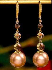 1 Pair Fashion Design Rhinestone & Pearl Long Earrings - Champagne - View 4