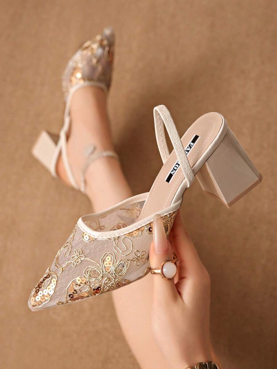 New Chinese Style White High Heel Mules, Pointed Toe Lace Embroidery Convertible Sandals For Women - Gold - View 1