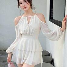 Vestido casual de mujer de unicolor elegante con mangas farol y hombros descubiertos - Celeste - Ver 4