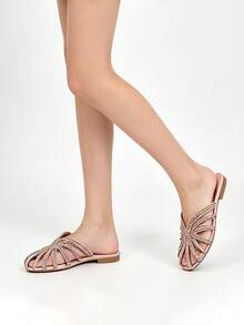 Women's Glamorous Fully Rhinestoned Hollow Decor Pink Satin Material Fashion Round Toe Slip-On Flat Mule Shoes For Daily Wear & Party,Summer Shoes - Pink - View 5