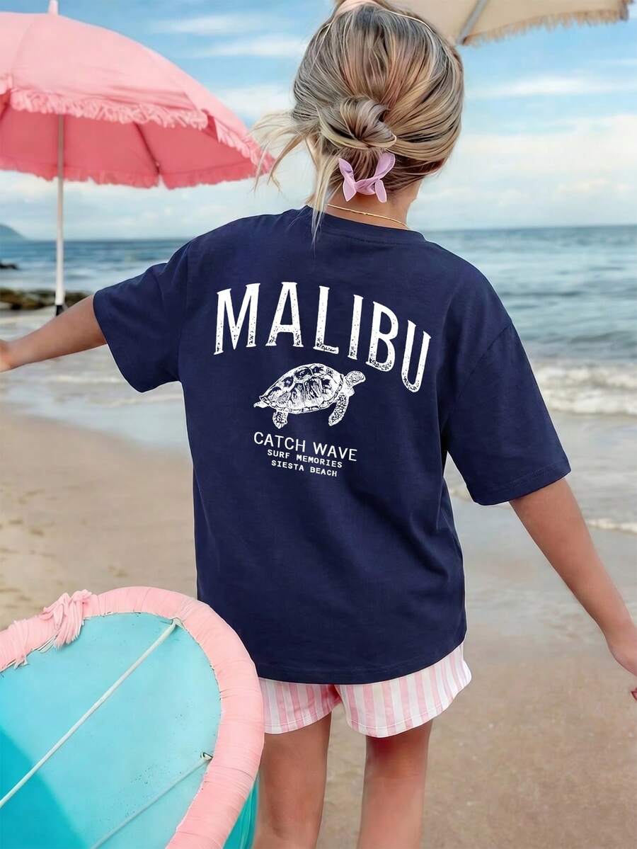 1件女童复古马里布海龟印花短袖T恤,2026夏季海滩度假宽松休闲透气柔软褪色字母图案T恤 - 藏蓝色 - 查看 1