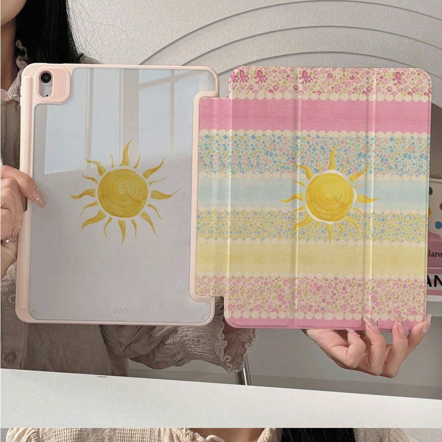 1pc Pink Striped Sun Pattern Tablet Protective Case With Pen Slot, Multi-Angle Magnetic Stand With Auto Sleep/Wake Function, Compatible With IPad Pro/Air, Tablet 5/6/7, MatePad - Multicolor - View 1