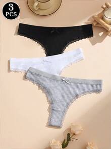 3件裝素色蕾絲拼接蝴蝶結棉質丁字褲，浪漫性感無痕透氣女用內褲 - 彩色 - 查看 5