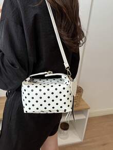 1 Piece Small Polka Dot Print Box Bag, Adjustable PU Zipper Crossbody Bag, Heart-Shaped Tassel Decoration, Fashionable Handbag For Daily Use, Date - 米色 - 查看 5