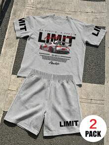 2pcs/Set Teen Boys Casual Set, Racing Theme Print Loose Top + Sports Shorts, Comfortable And Soft, Suitable For Summer And Sports - Grey - View 3
