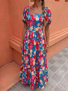 Women's Dress With Petal Sleeve Design, Square Neck And Fitted Waist With Print - 灰色 - 查看 4