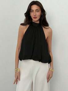 Elegant Sleeveless Solid-Color Blouse With A High Neck And Cropped Length, Versatile For Summer, Beach, Vacation, Bohemian Style, Tropical, Valentine's Day, Back To School For Women - 黑色 - 查看 4