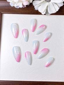 10 Pieces Of Handmade Almond Nail Polish In Pink, Green, And White With Mixed Shading, Textured Tips, And A Pointed Shape. Simple Design, Vibrant Colors. Summer Item. Quickly Wearable And Removable; Press-On False Nails. - Multicolor - View 4