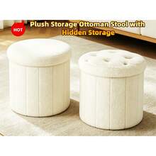 Plush Storage Ottoman Stool With Hidden Storage – Foldable Round Footstool Seat For Bedroom, Living Room & Entryway – Soft Teddy Fabric Storage Bench (2 Sizes) - White - View 2