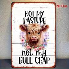 HELLOYOUNG Vintage Farmhouse Highland Cow Metal Wall Art - 7.8x11.8 Inch Rustic Decor With Floral Accents & "Not My Pasture Not My Bull Cra - 1PC - 查看 1