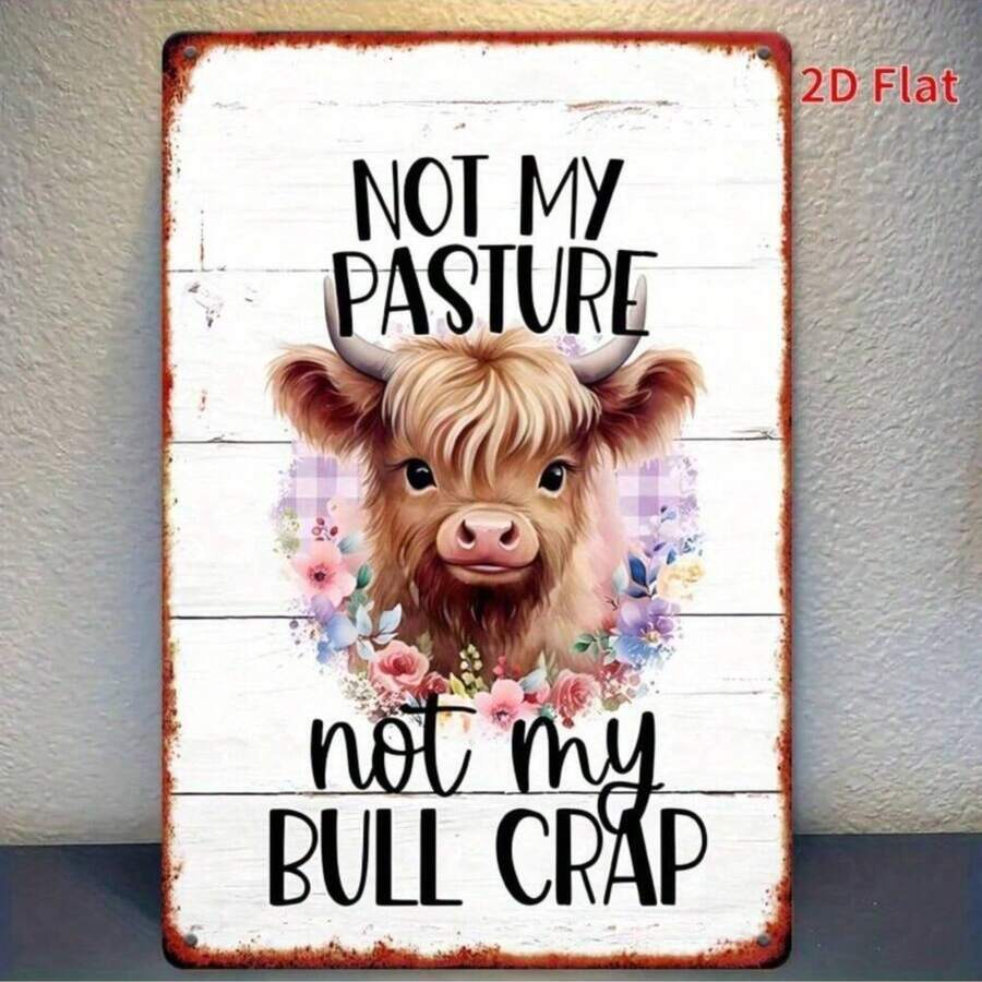 HELLOYOUNG Vintage Farmhouse Highland Cow Metal Wall Art - 7.8x11.8 Inch Rustic Decor With Floral Accents & "Not My Pasture Not My Bull Cra - 1PC - 查看 1