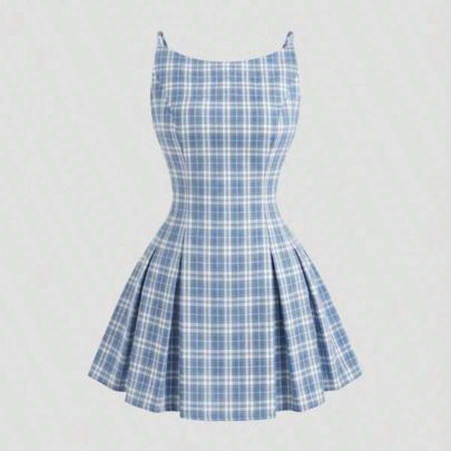 Elegante vestido mini ajustado sin mangas con estampado de cuadros - Azul - Ver 1