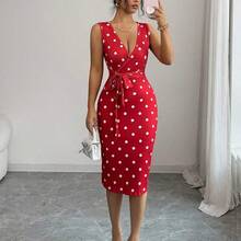 Nana's Women's Clothing Store  Elegante vestido de lunares con volantes y cintura anudada de longitud media para mujer, casual diario, fiesta, vacaciones, adecuado para el Día de San Valentín, boda, vestido rojo de moda - Blanco - Ver 4