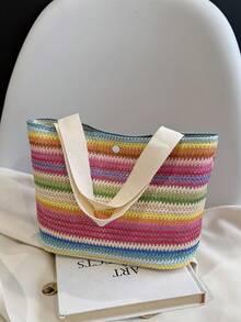 Woven Handbag, Minimalist Button Design Woven Bag, Versatile Commuter & Grocery Tote, Casual Vacation Handbag & Shoulder Bag - Multicolor - View 6
