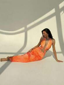 xheAloruh Vestido de mujer con diseño halter escotado en la espalda y decoración metálicaxhe - Naranja - Ver 8