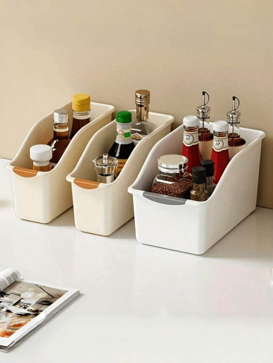 1pc No-Assembly Under Sink Storage Box, Ergonomic Curved Design With Handle, Sturdy Plastic Household Organizer, Perfect For Cabinet, Kitchen, Bathroom Daily Essentials Storage