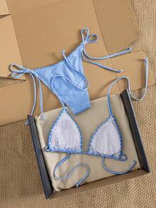Bộ bikini buộc dây cổ màu trơn, gợi cảm, tối giản, thích hợp cho nữ, đi biển, du lịch, dự tiệc, mẫu mới Xuân/Hè. - sọc dọc màu xanh và trắng - Xem 3