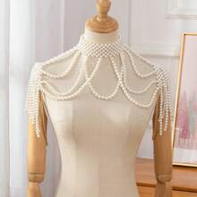 Elegant Pearl Bridal Shoulder Chain, Handmade Beaded Large Necklace, Hollow Faux Pearl Body Chain, Wedding Dress Accessory - White - View 8