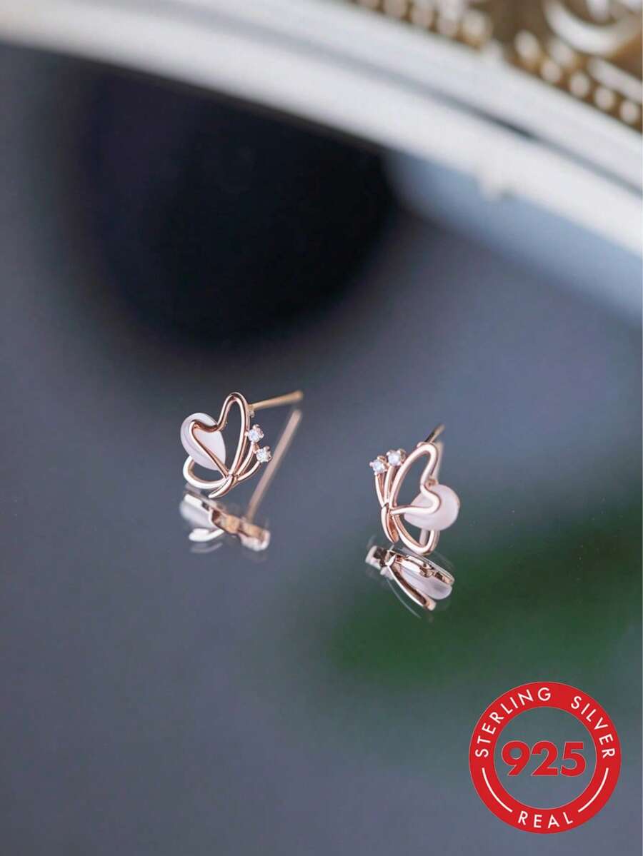 一对S925纯银蝴蝶珍珠水钻耳环，精致森系风格耳环，适合日常佩戴、约会、送给女友、闺蜜、生日礼物，轻盈奢华小众女性饰品 - 蝴蝶型 - 查看 1
