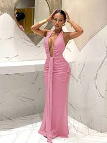 2026 Nuevo Vestido de sirena de cuello en V profundo elegante, adecuado para fiesta, cumpleaños, bar, discoteca, San Valentín, Halloween, Navidad - Marrón - Rosa - Ver 6