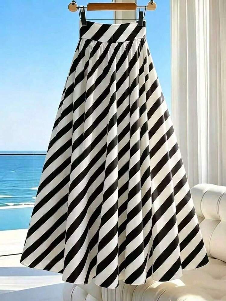 Falda casual de cintura elástica con rayas en línea A, falda de mujer para primavera y verano, adecuada para vacaciones, salidas, Y2K, primavera, verano, vuelta al colegio, casual, playa, negocios, versátil, falda casual de mujer a rayas blancas y negras - Blanco y Negro - Añade 1