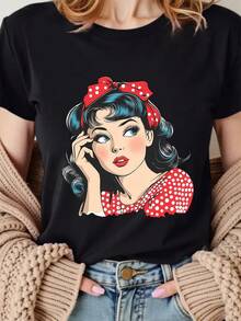 Camiseta de verano para mujer con estampado vintage de lunares y diseño de labios - Presenta un diseño de lunares rojos y blancos, suave y perfecta para outfits casuales de fiesta, esencial para el Día de San Valentín y eventos de cosplay - Top lavable a máquina, camisa elegante para mujer - Negro - Ver 6