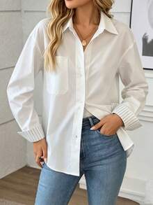 Women's Contrast Stripe Front Button Pocket Office & Casual Shirt Spring White - White - View 2