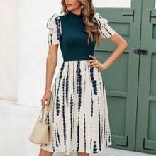 Nana's Women's Clothing Store  Clasi Vestido midi de punto acanalado con cuello alto y estampado, mangas gigot para mujer, elegante para vacaciones y uso diario - Multicolor - Ver 1