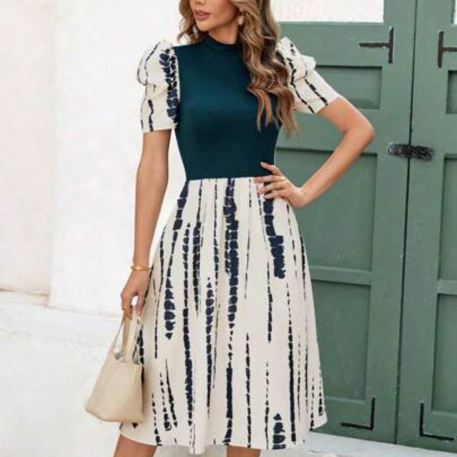 Nana's Women's Clothing Store Clasi Vestido midi de punto acanalado con cuello alto y estampado, mangas gigot para mujer, elegante para vacaciones y uso diario - Multicolor - Ver 1