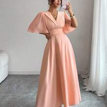 Nuevo vestido casual, versátil y elegante para mujer con cuello, cintura plisada, diseño de manga con volantes y parches de gasa - azul real - Ver 8