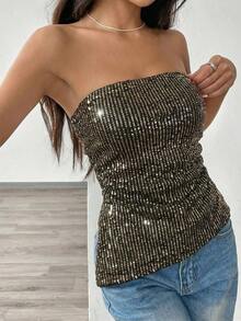 Blusa informal de color negro sólido con parte superior tubo y decoración con lentejuelas - Negro 2 - Ver 4